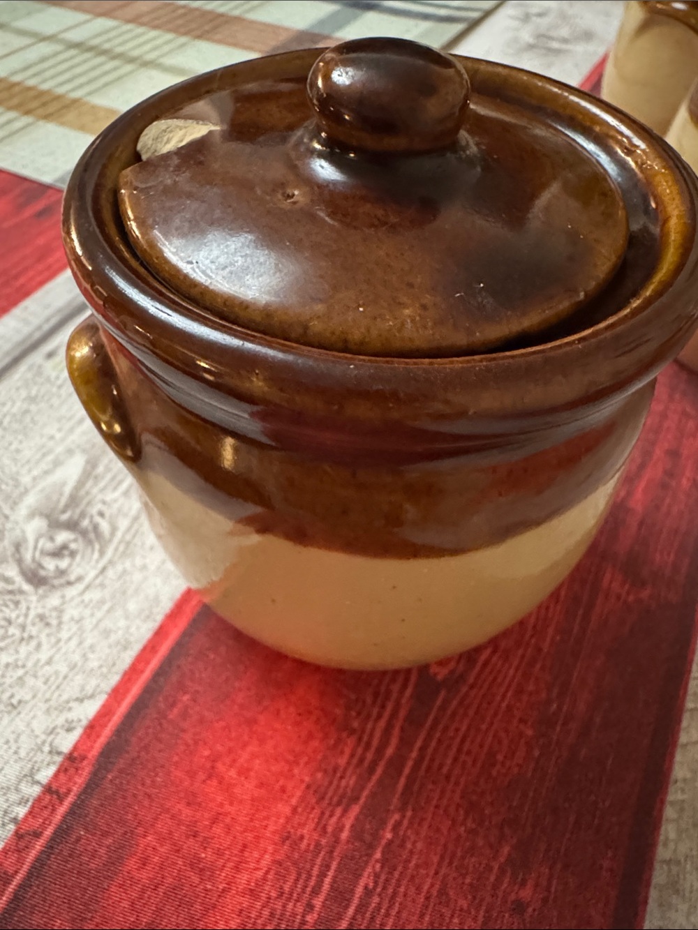 Two-Tone Vintage Brown Glazed Ceramic Crock with Lid